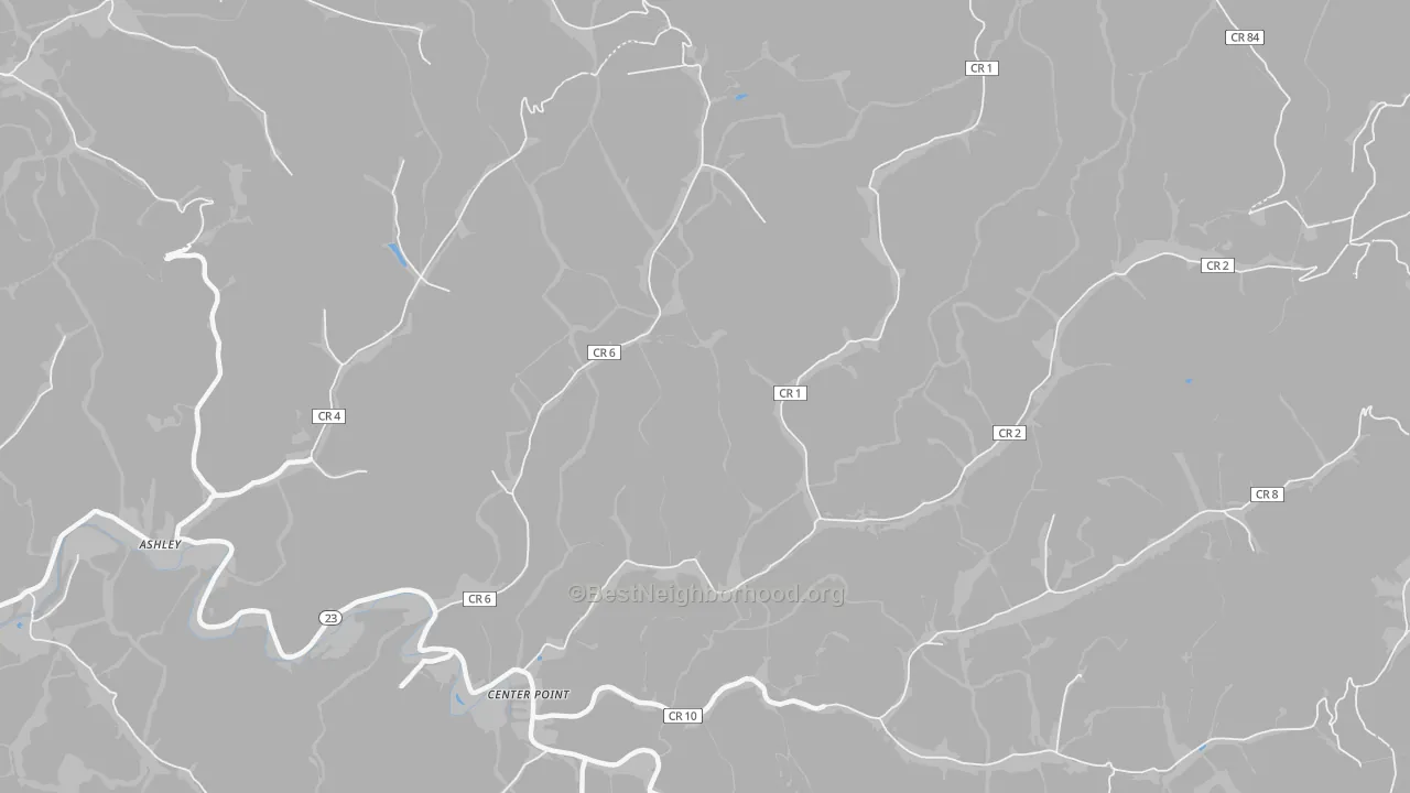 Walk Grade map of 26339, WV, walkable areas in green and car-dependent areas in red