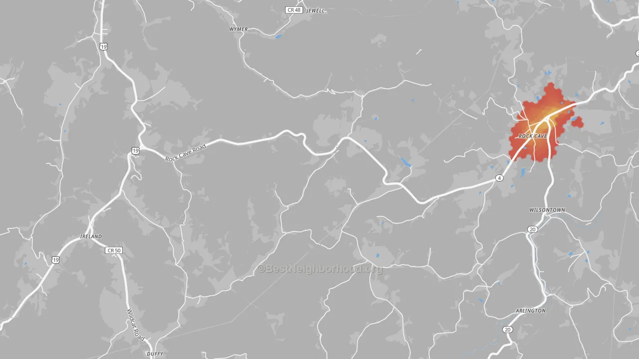 Walk Grade map of 26343, WV, walkable areas in green and car-dependent areas in red