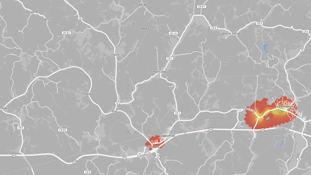 Walk Grade map of 26346, WV, walkable areas in green and car-dependent areas in red