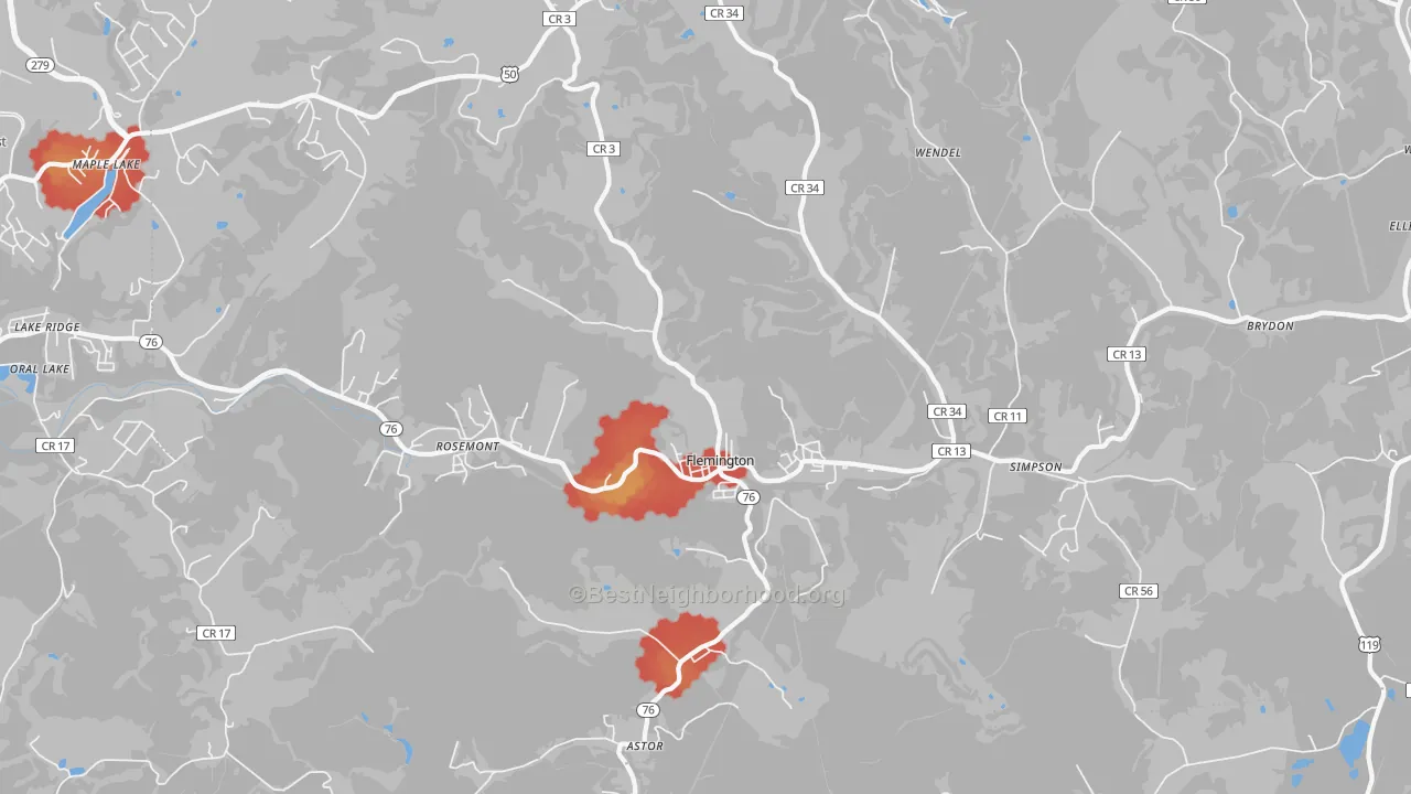 Walk Grade map of 26347, WV, walkable areas in green and car-dependent areas in red