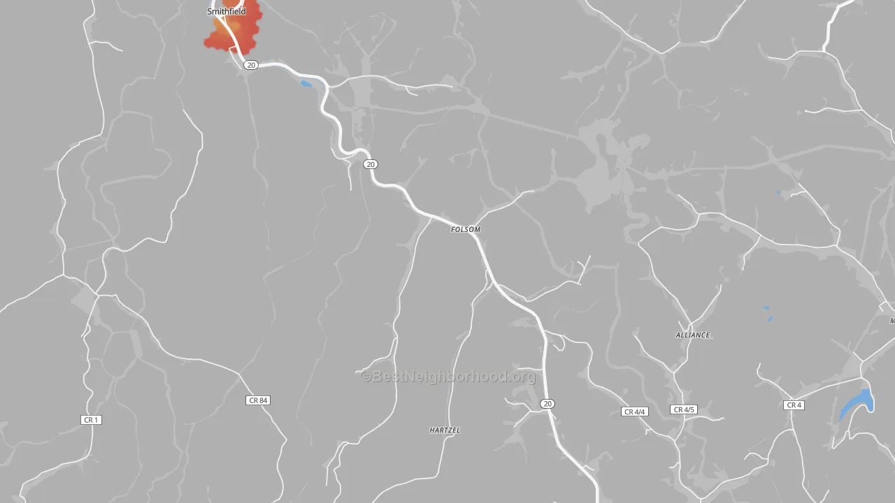 Walk Grade map of 26348, WV, walkable areas in green and car-dependent areas in red