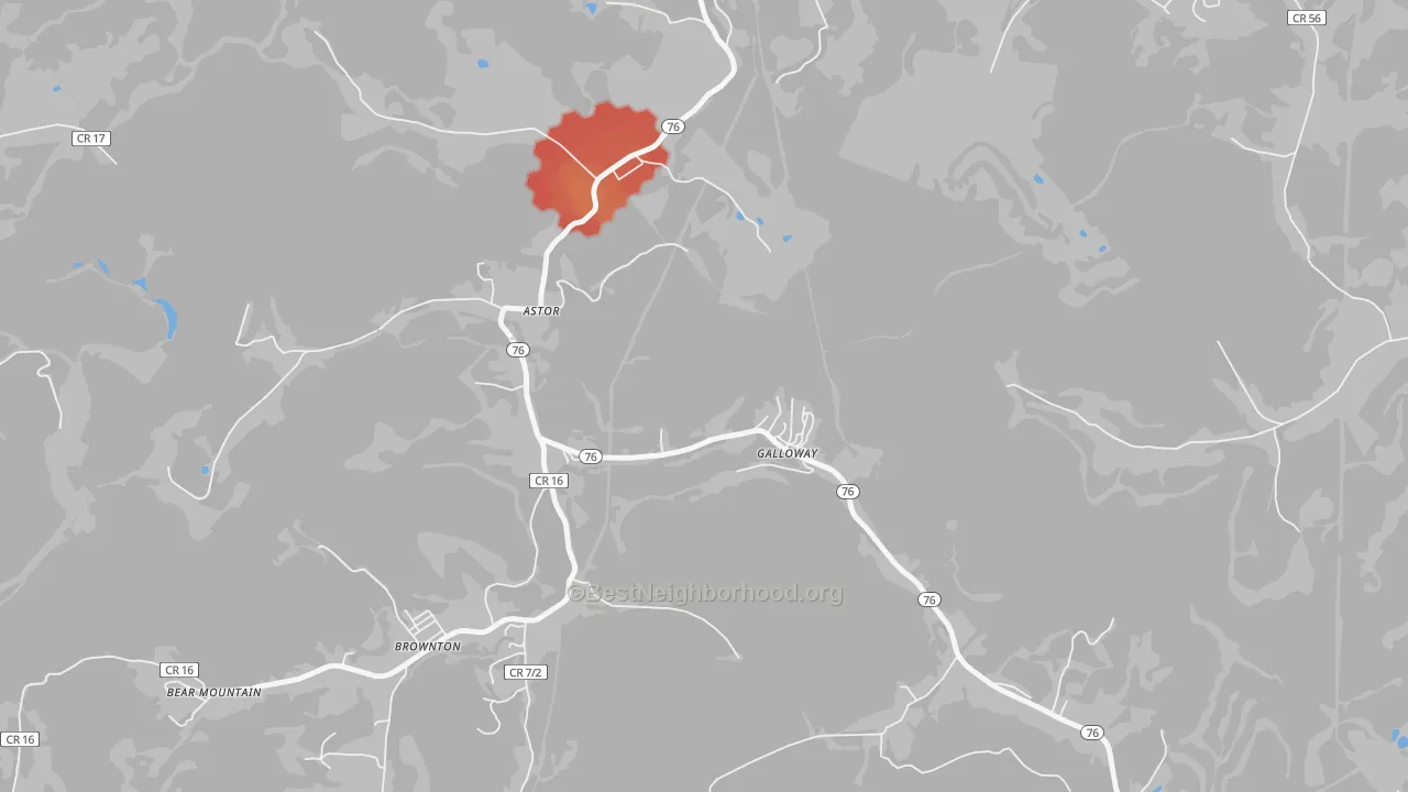 Walk Grade map of 26349, WV, walkable areas in green and car-dependent areas in red