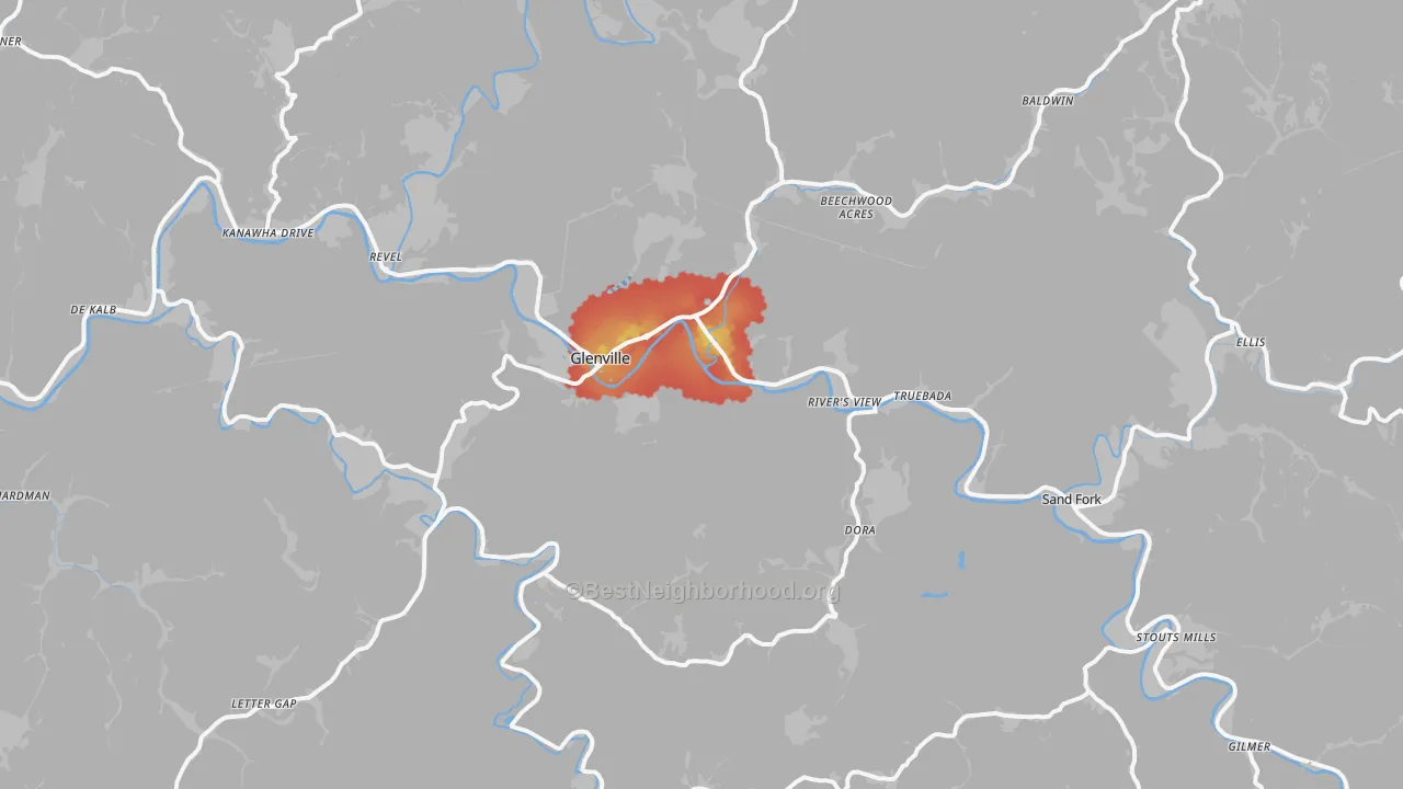 Walk Grade map of 26351, WV, walkable areas in green and car-dependent areas in red