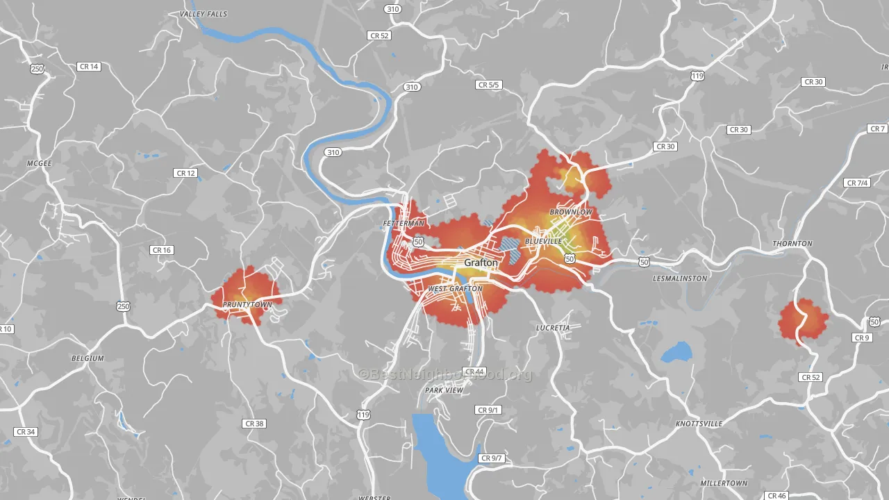 Walk Grade map of 26354, WV, walkable areas in green and car-dependent areas in red