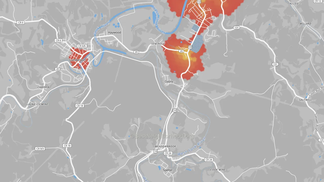 Walk Grade map of 26361, WV, walkable areas in green and car-dependent areas in red