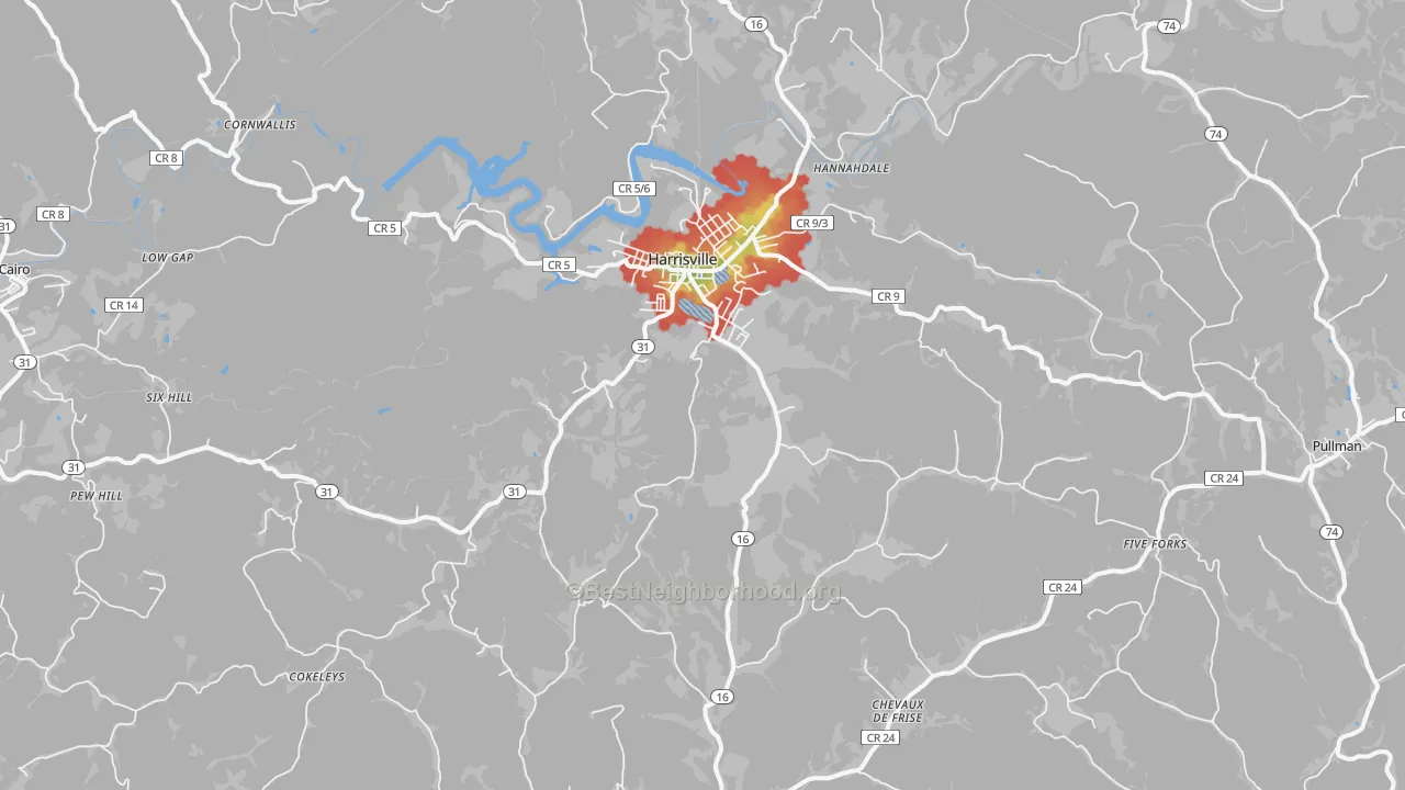 Walk Grade map of 26362, WV, walkable areas in green and car-dependent areas in red