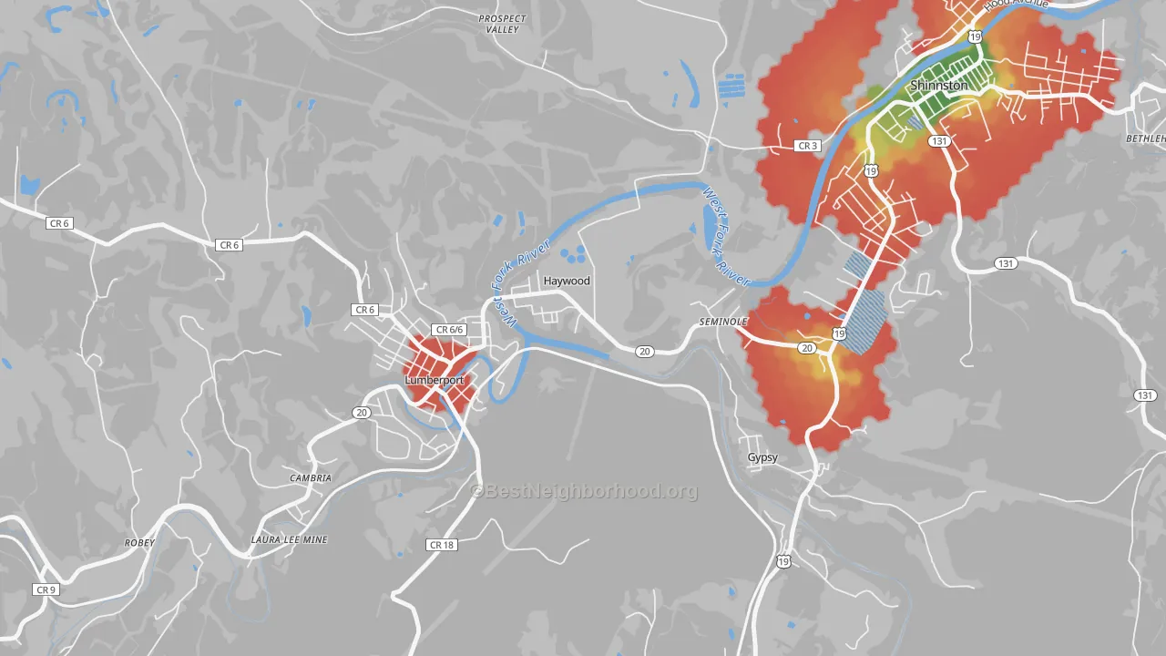 Walk Grade map of 26366, WV, walkable areas in green and car-dependent areas in red