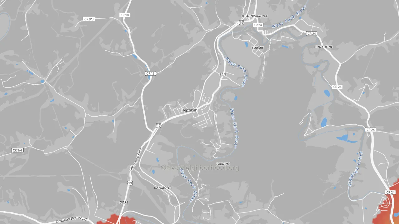 Walk Grade map of 26369, WV, walkable areas in green and car-dependent areas in red