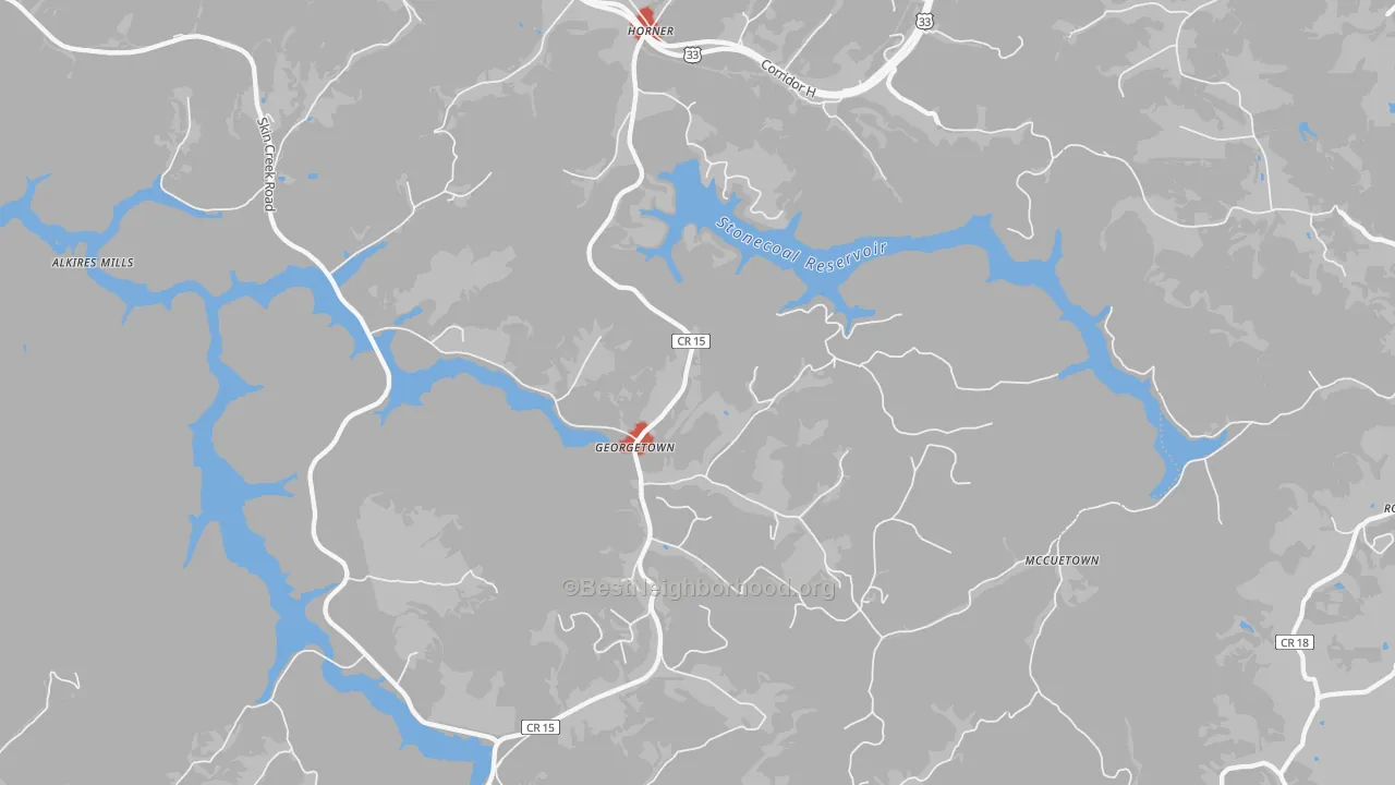 Walk Grade map of 26372, WV, walkable areas in green and car-dependent areas in red
