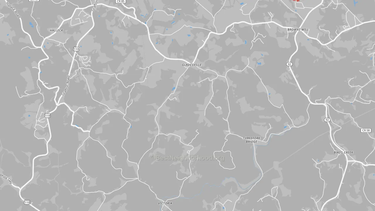 Walk Grade map of 26374, WV, walkable areas in green and car-dependent areas in red