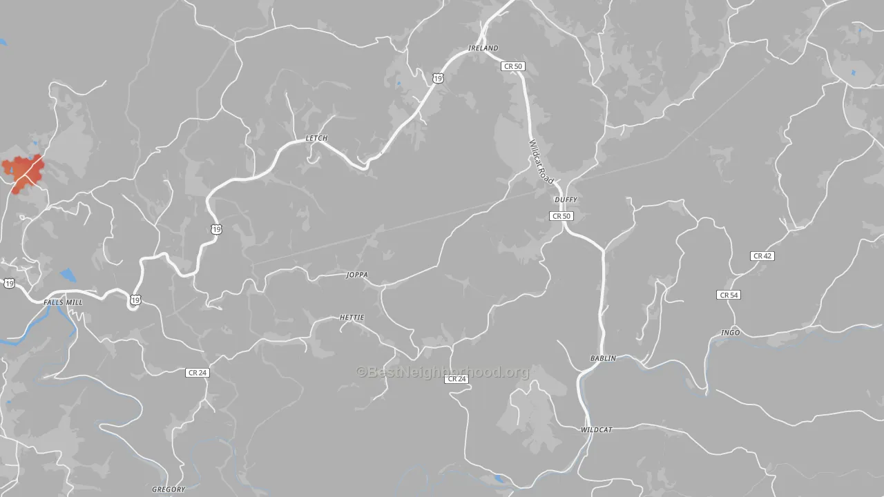 Walk Grade map of 26376, WV, walkable areas in green and car-dependent areas in red