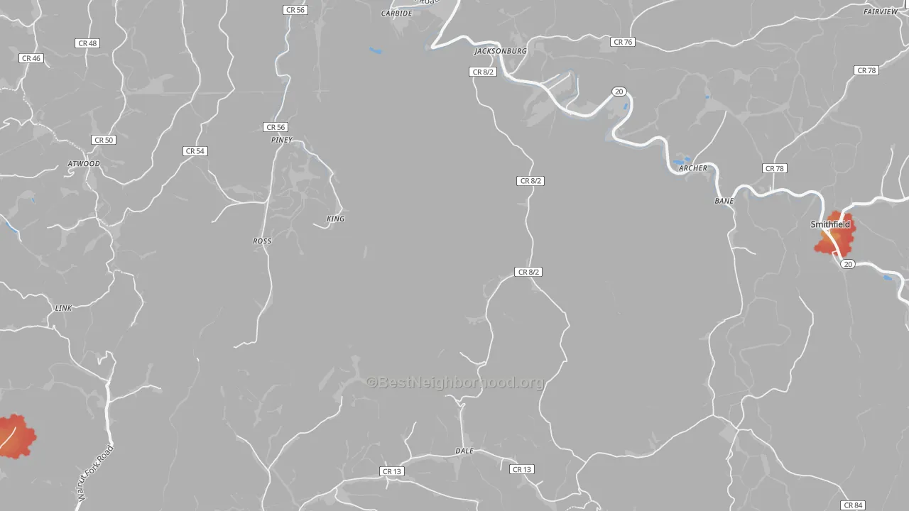 Walk Grade map of 26377, WV, walkable areas in green and car-dependent areas in red