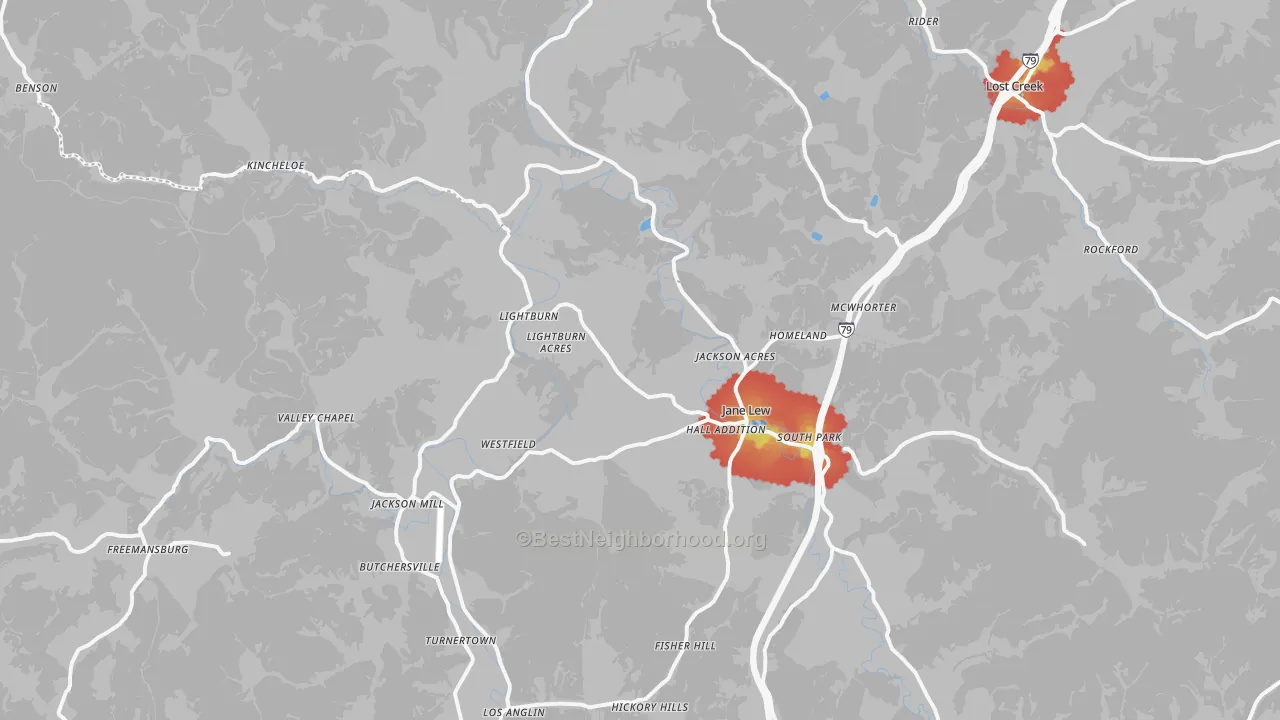 Walk Grade map of 26378, WV, walkable areas in green and car-dependent areas in red