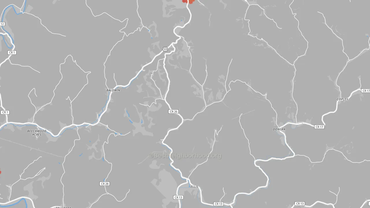Walk Grade map of 26384, WV, walkable areas in green and car-dependent areas in red