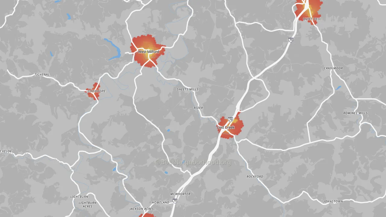 Walk Grade map of 26385, WV, walkable areas in green and car-dependent areas in red