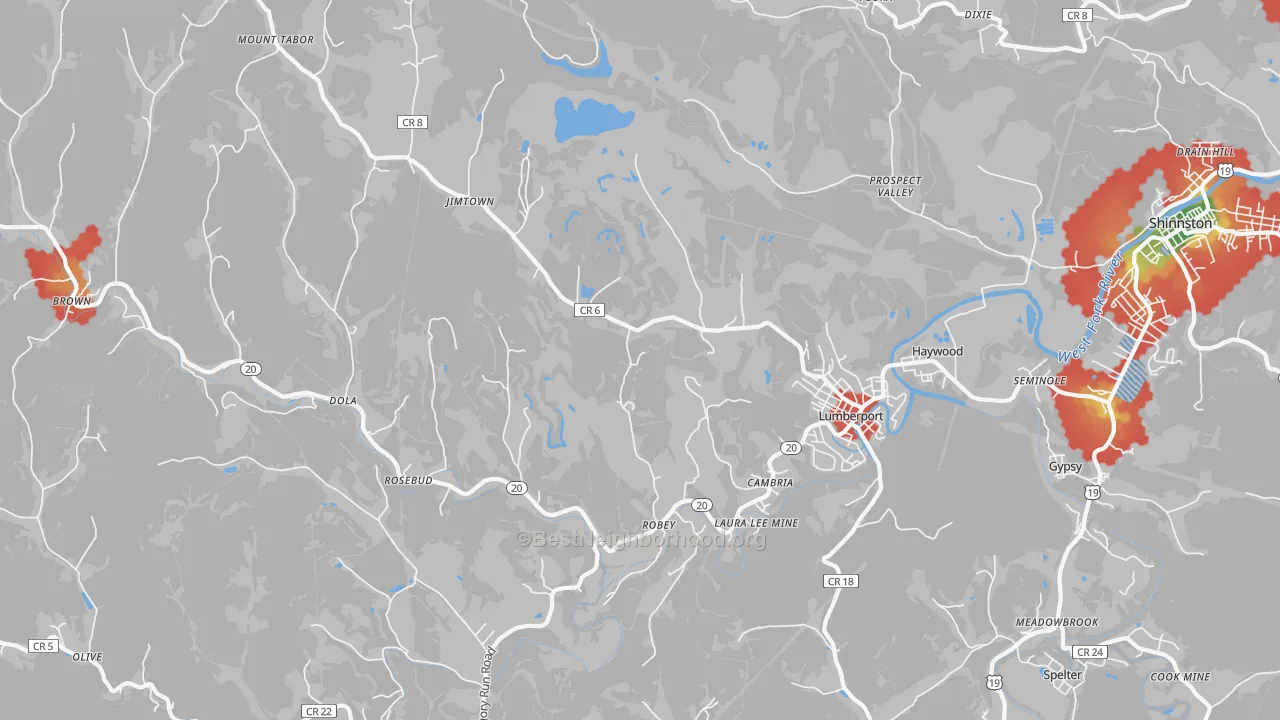 Walk Grade map of 26386, WV, walkable areas in green and car-dependent areas in red