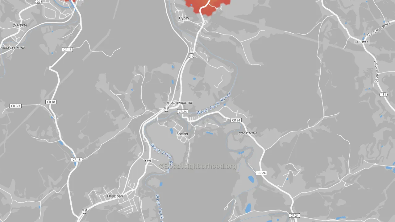 Walk Grade map of 26404, WV, walkable areas in green and car-dependent areas in red