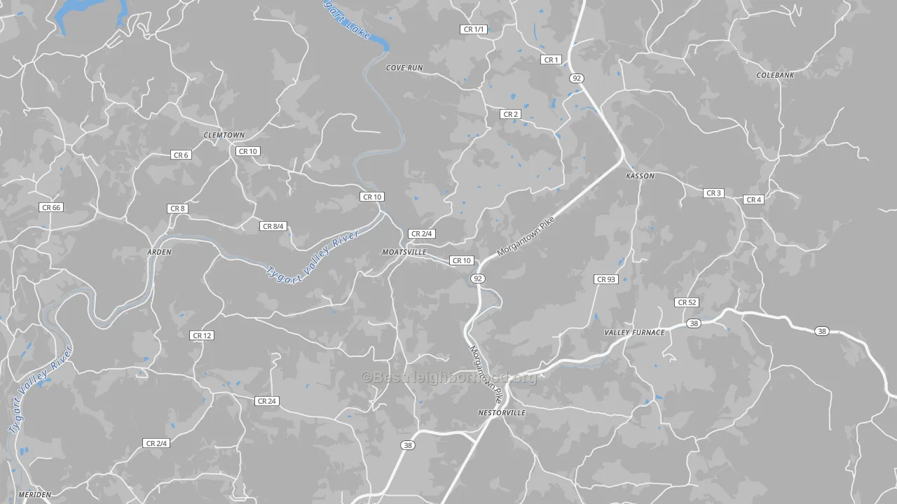 Walk Grade map of 26405, WV, walkable areas in green and car-dependent areas in red