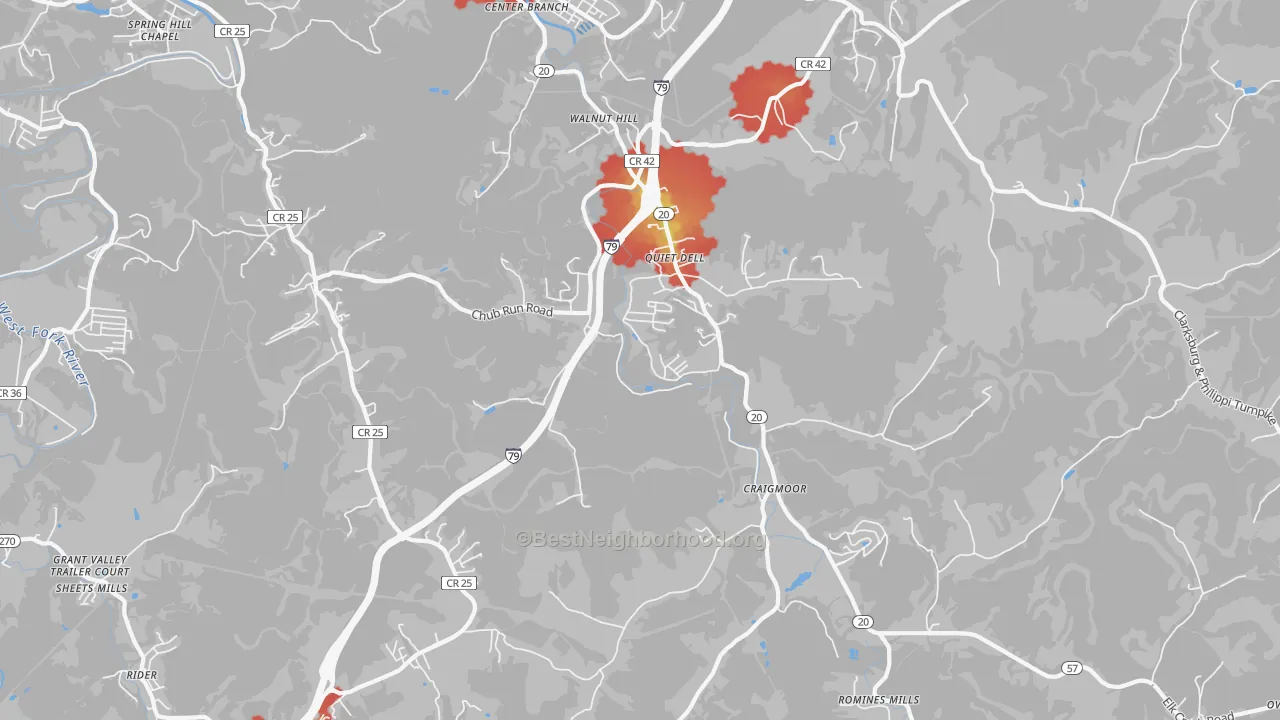 Walk Grade map of 26408, WV, walkable areas in green and car-dependent areas in red