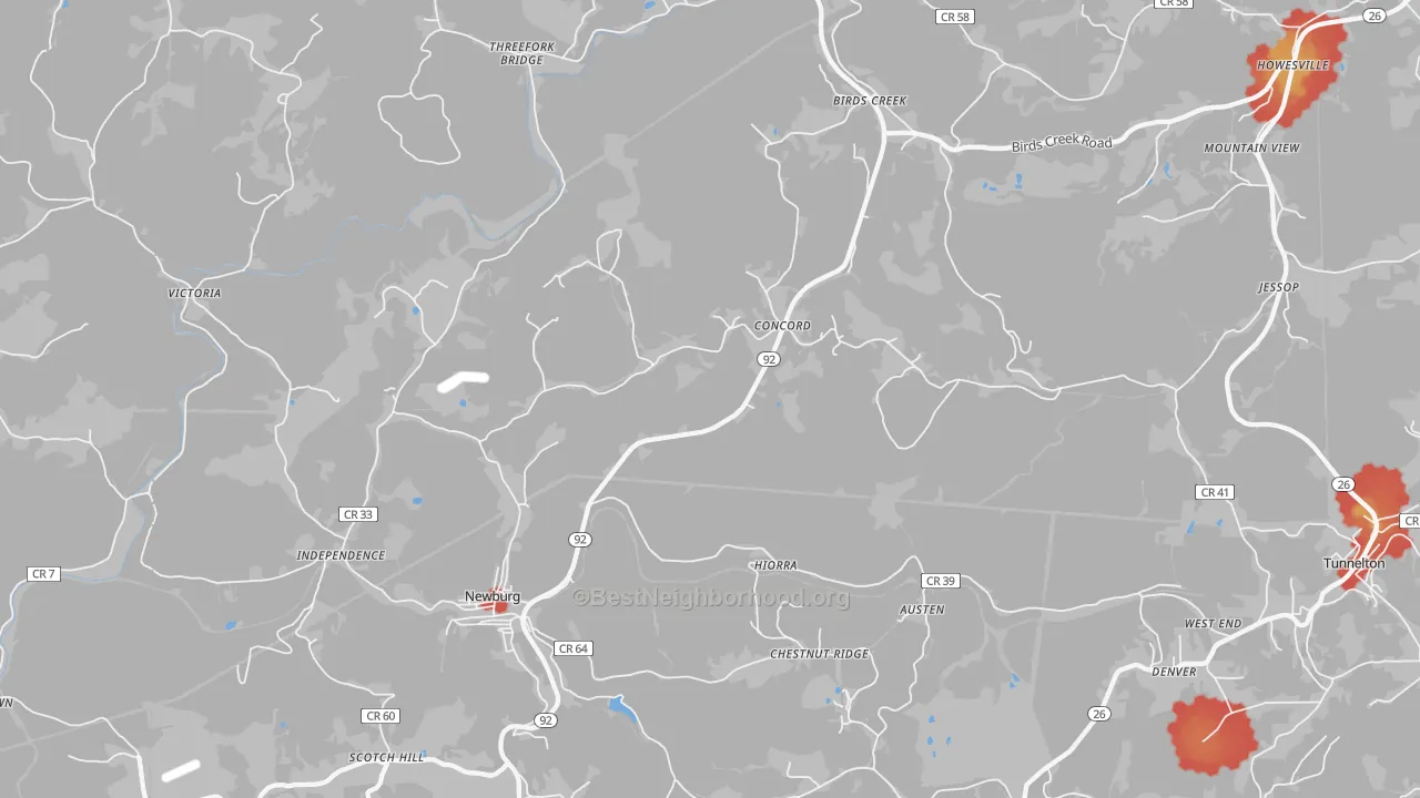 Walk Grade map of 26410, WV, walkable areas in green and car-dependent areas in red