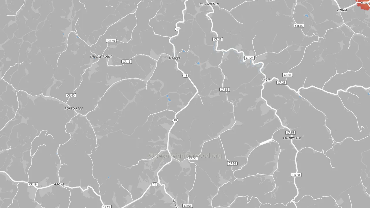 Walk Grade map of 26411, WV, walkable areas in green and car-dependent areas in red