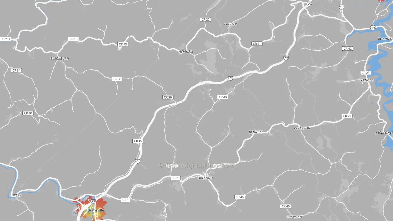 Walk Grade map of 26412, WV, walkable areas in green and car-dependent areas in red