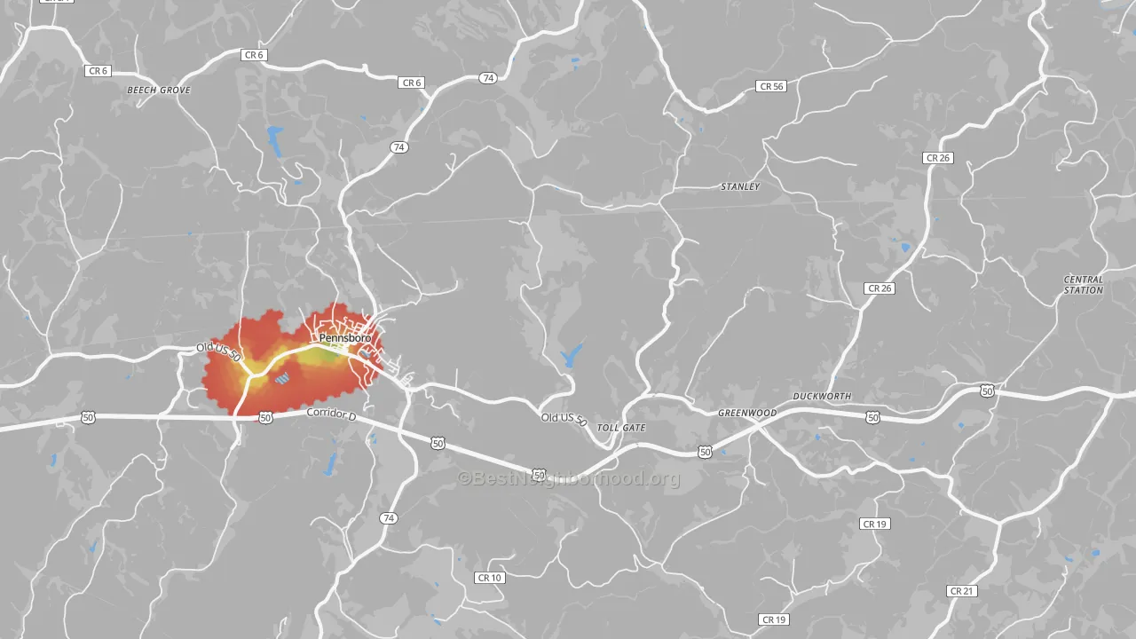 Walk Grade map of 26415, WV, walkable areas in green and car-dependent areas in red