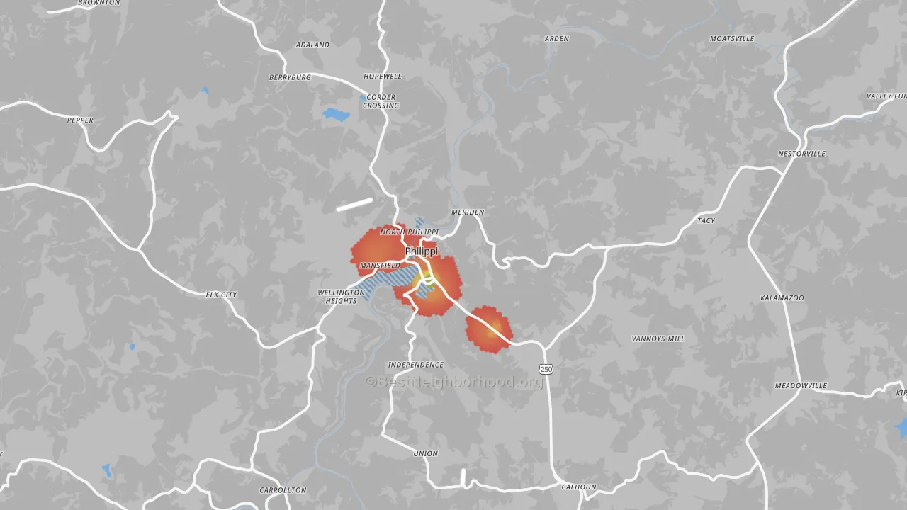 Walk Grade map of 26416, WV, walkable areas in green and car-dependent areas in red