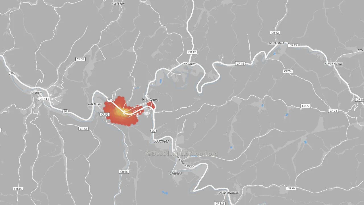 Walk Grade map of 26419, WV, walkable areas in green and car-dependent areas in red