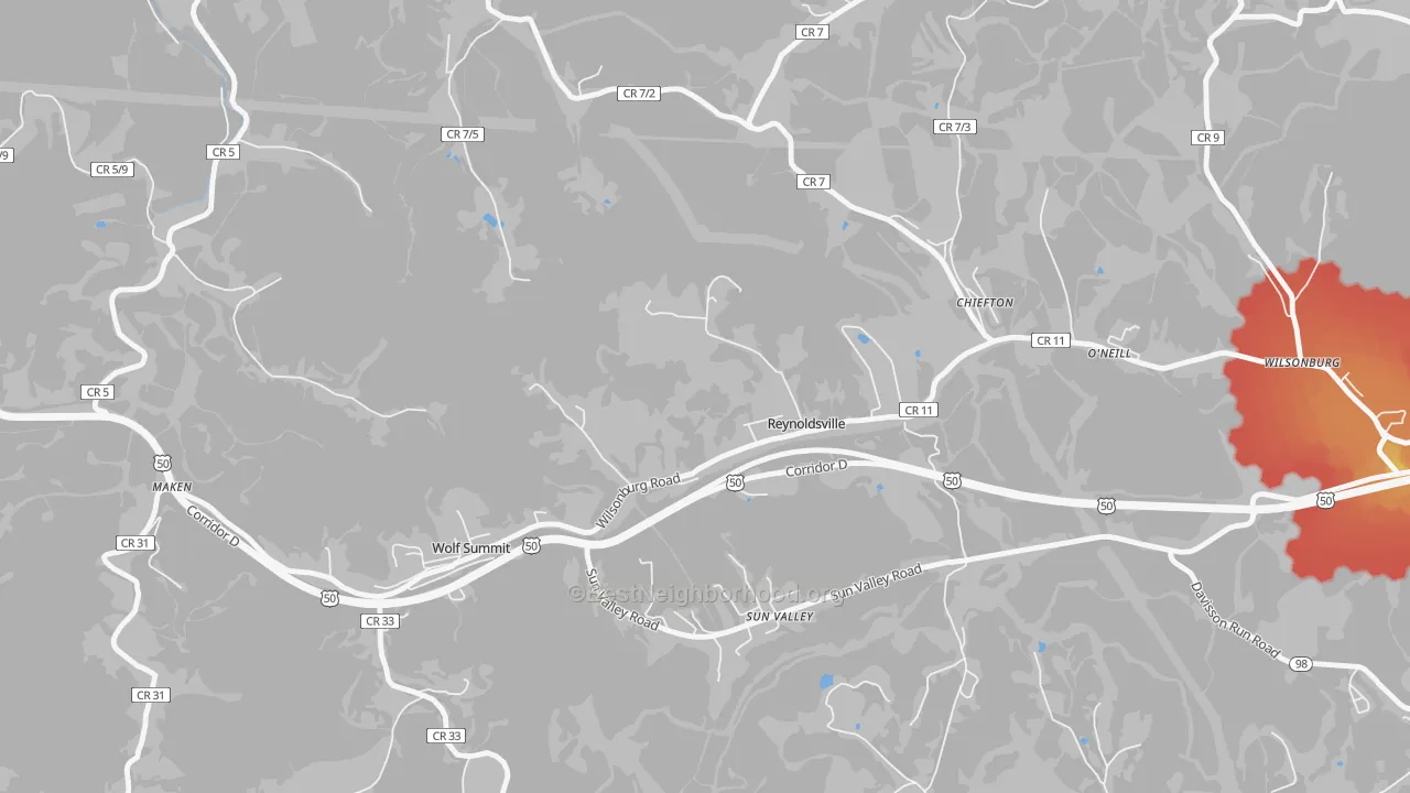 Walk Grade map of 26422, WV, walkable areas in green and car-dependent areas in red