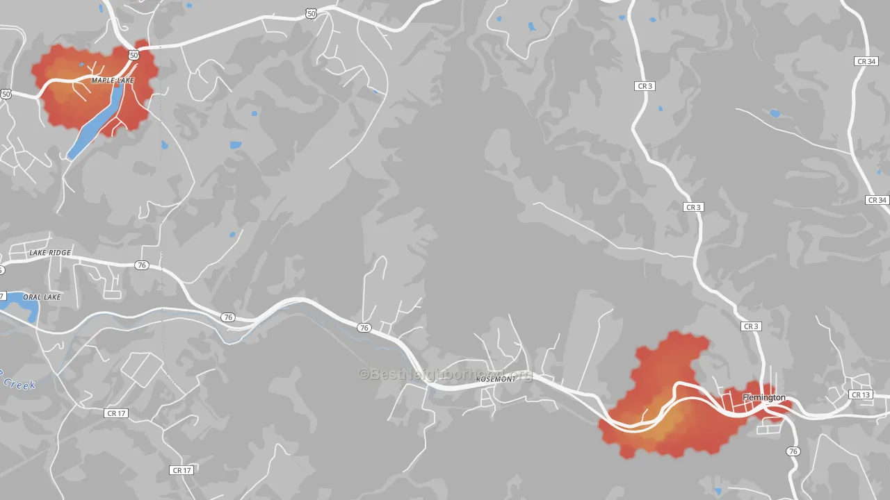 Walk Grade map of 26424, WV, walkable areas in green and car-dependent areas in red