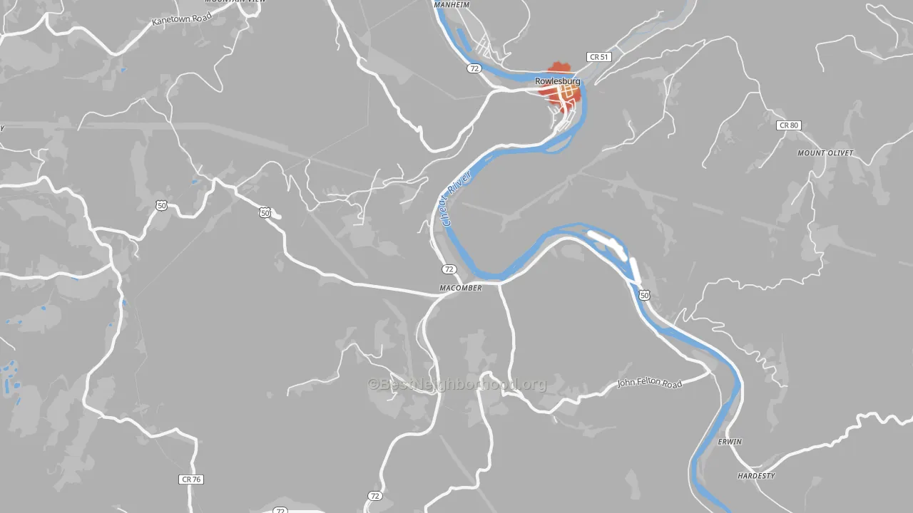 Walk Grade map of 26425, WV, walkable areas in green and car-dependent areas in red