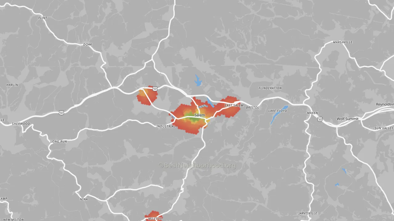 Walk Grade map of 26426, WV, walkable areas in green and car-dependent areas in red