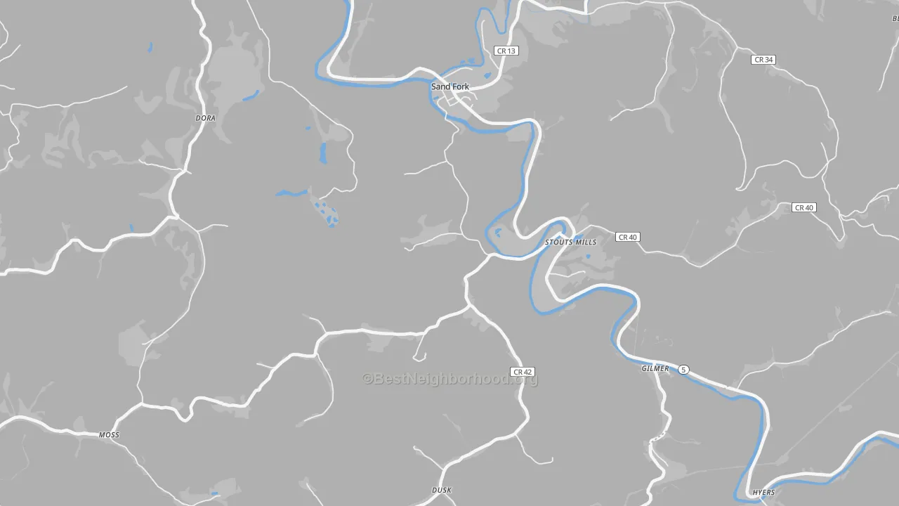 Walk Grade map of 26430, WV, walkable areas in green and car-dependent areas in red