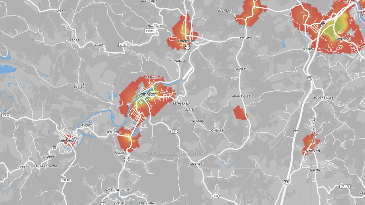 Walk Grade map of 26431, WV, walkable areas in green and car-dependent areas in red