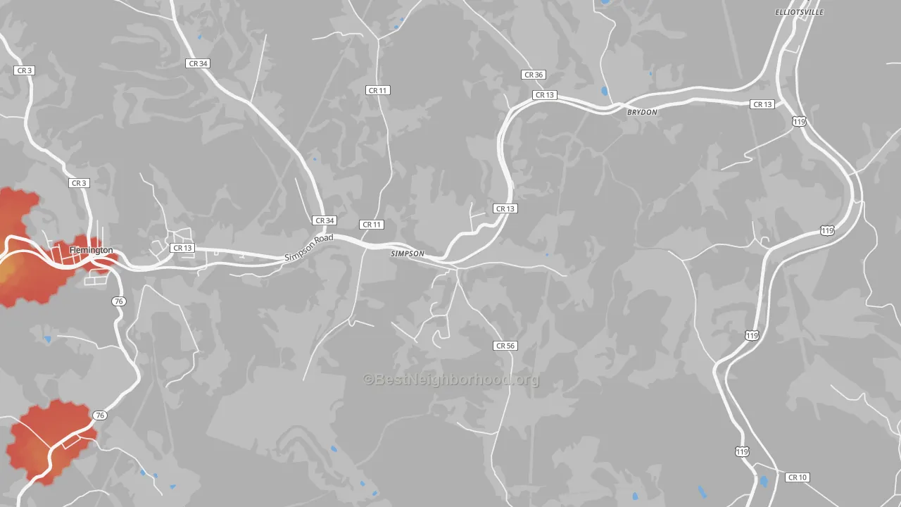 Walk Grade map of 26435, WV, walkable areas in green and car-dependent areas in red