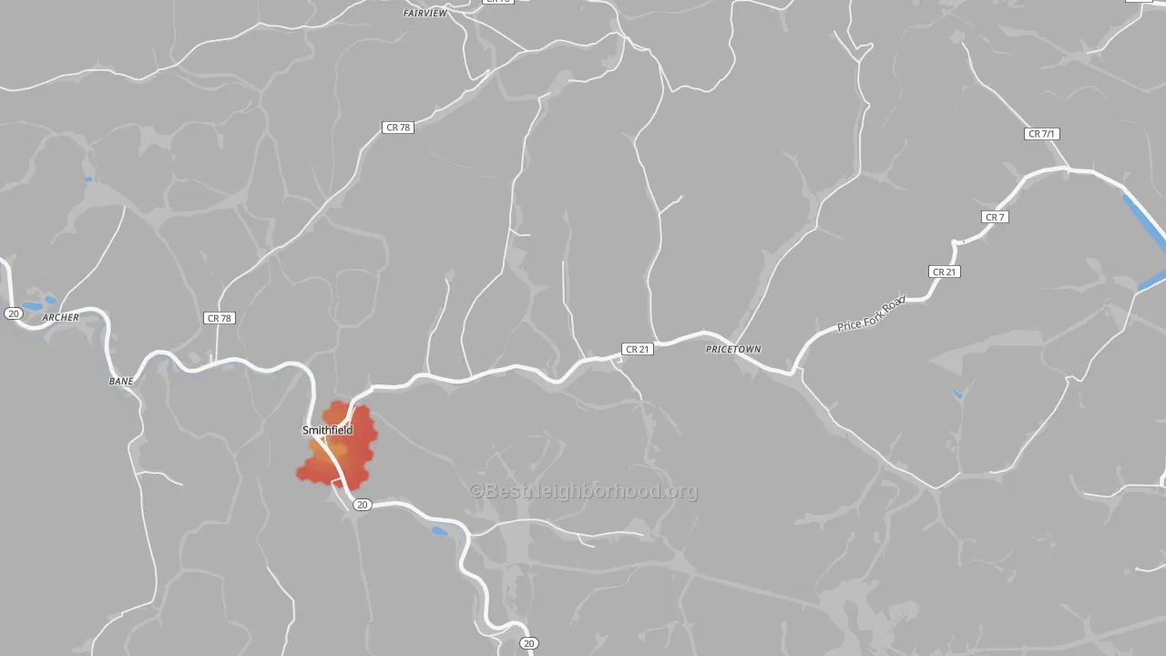 Walk Grade map of 26437, WV, walkable areas in green and car-dependent areas in red