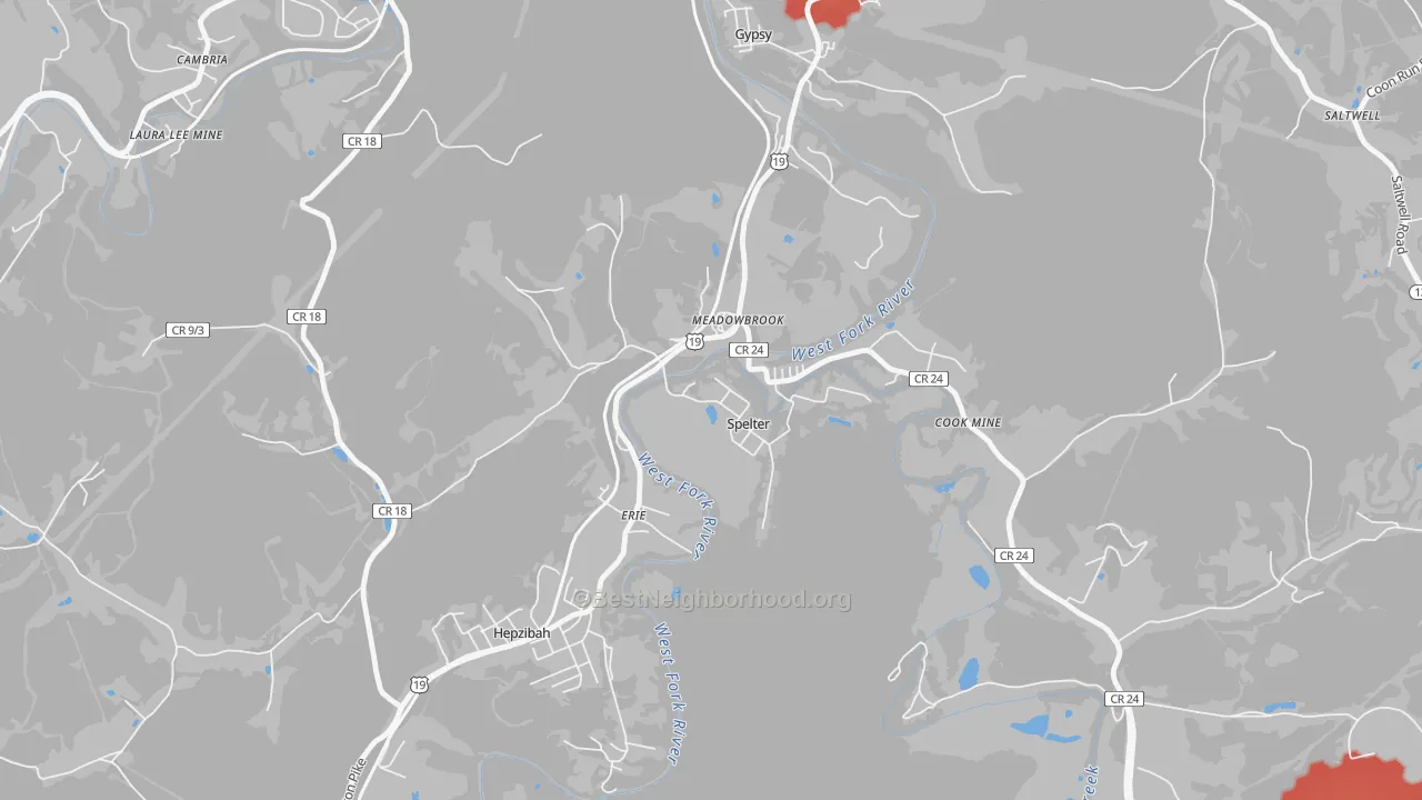 Walk Grade map of 26438, WV, walkable areas in green and car-dependent areas in red