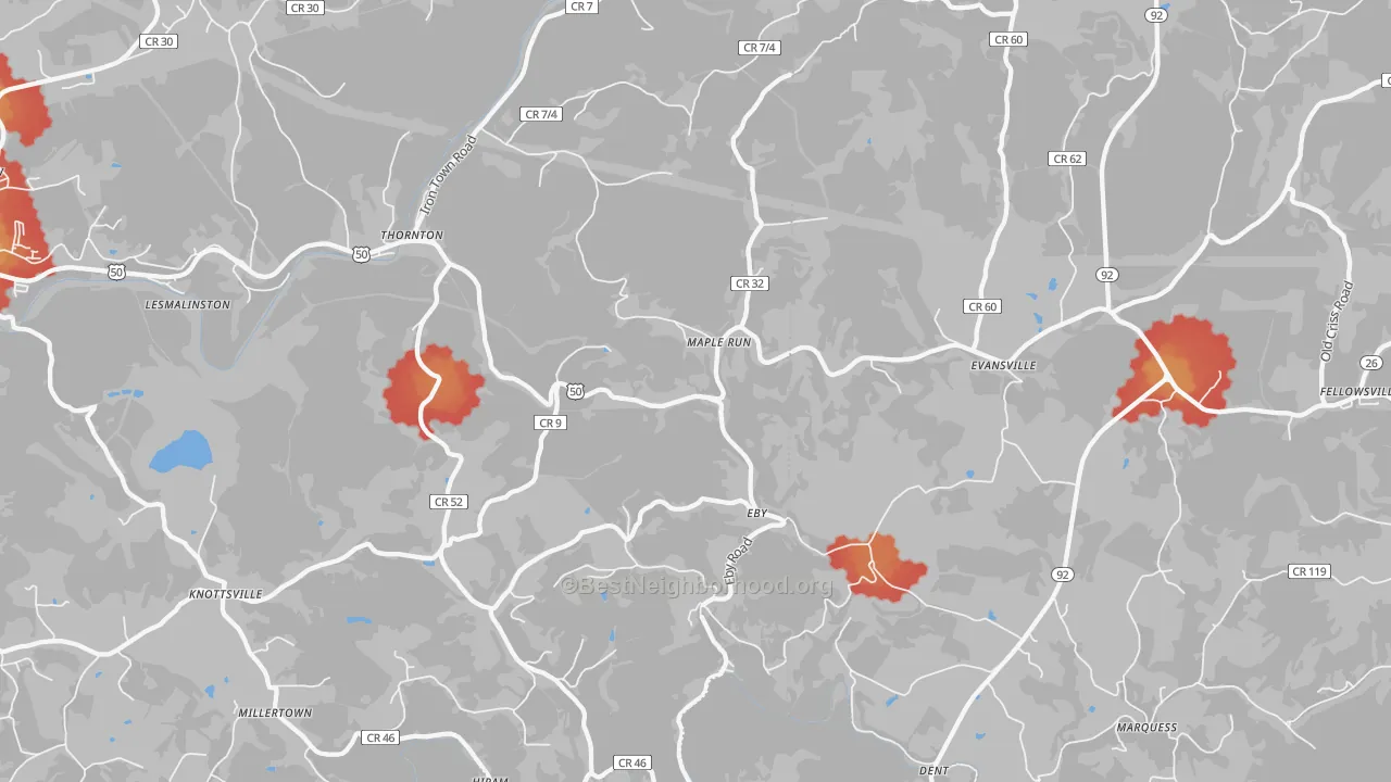 Walk Grade map of 26440, WV, walkable areas in green and car-dependent areas in red