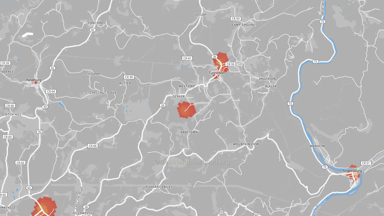 Walk Grade map of 26444, WV, walkable areas in green and car-dependent areas in red