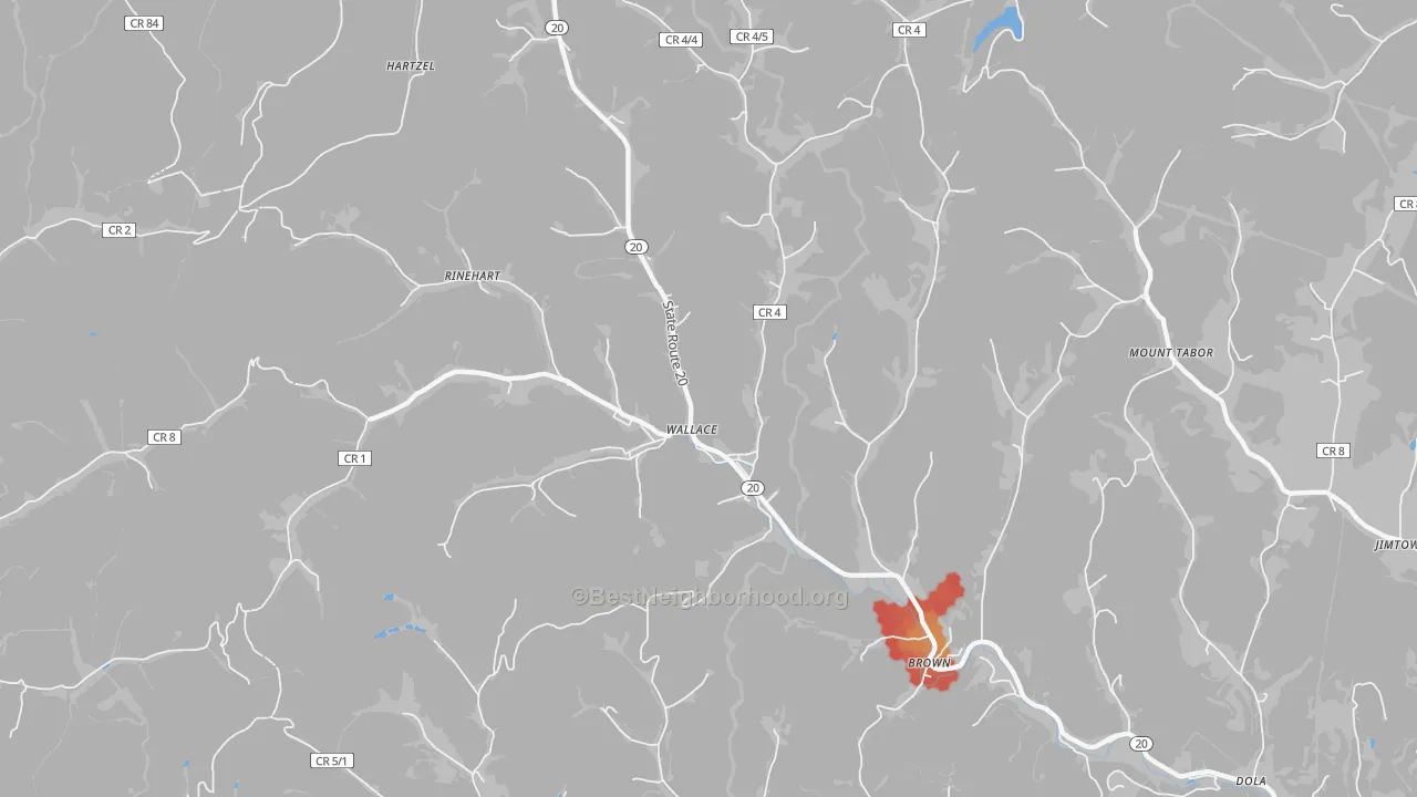 Walk Grade map of 26448, WV, walkable areas in green and car-dependent areas in red