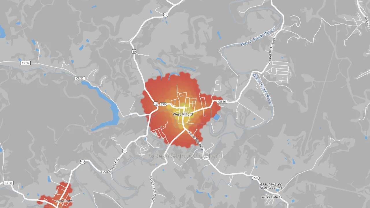 Walk Grade map of 26451, WV, walkable areas in green and car-dependent areas in red