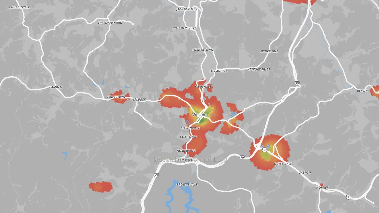 Walk Grade map of 26452, WV, walkable areas in green and car-dependent areas in red