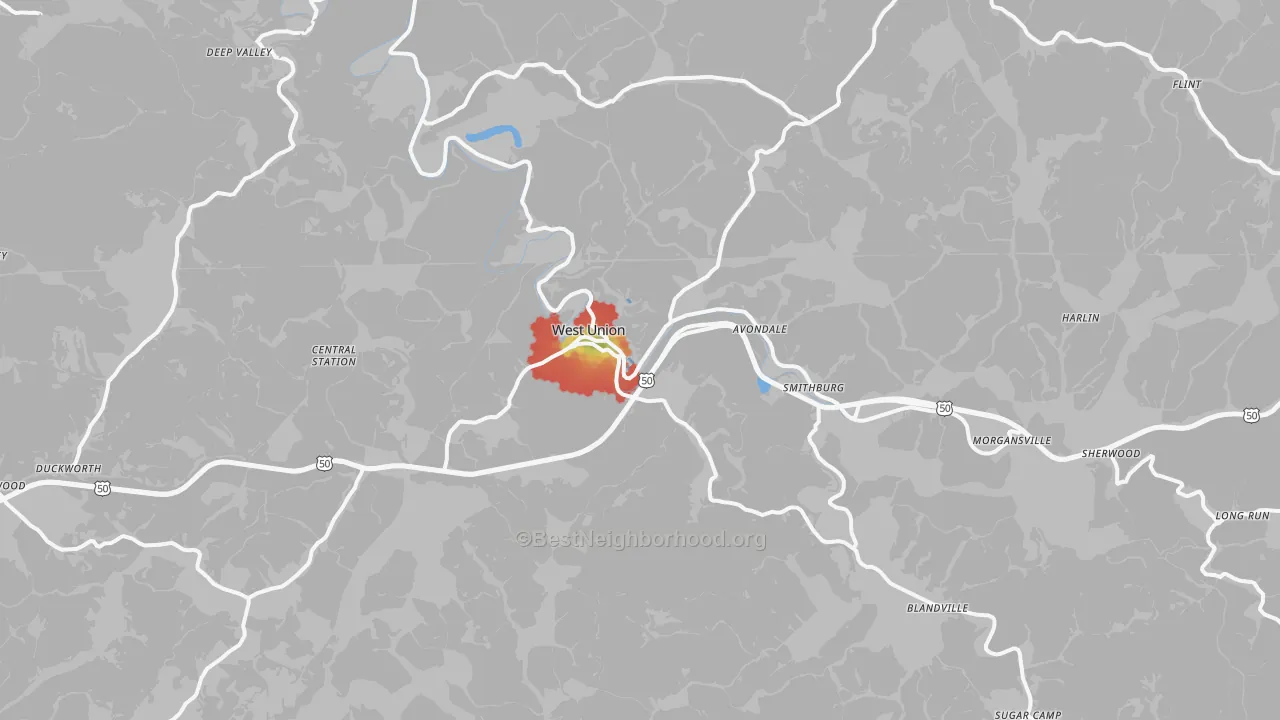 Walk Grade map of 26456, WV, walkable areas in green and car-dependent areas in red