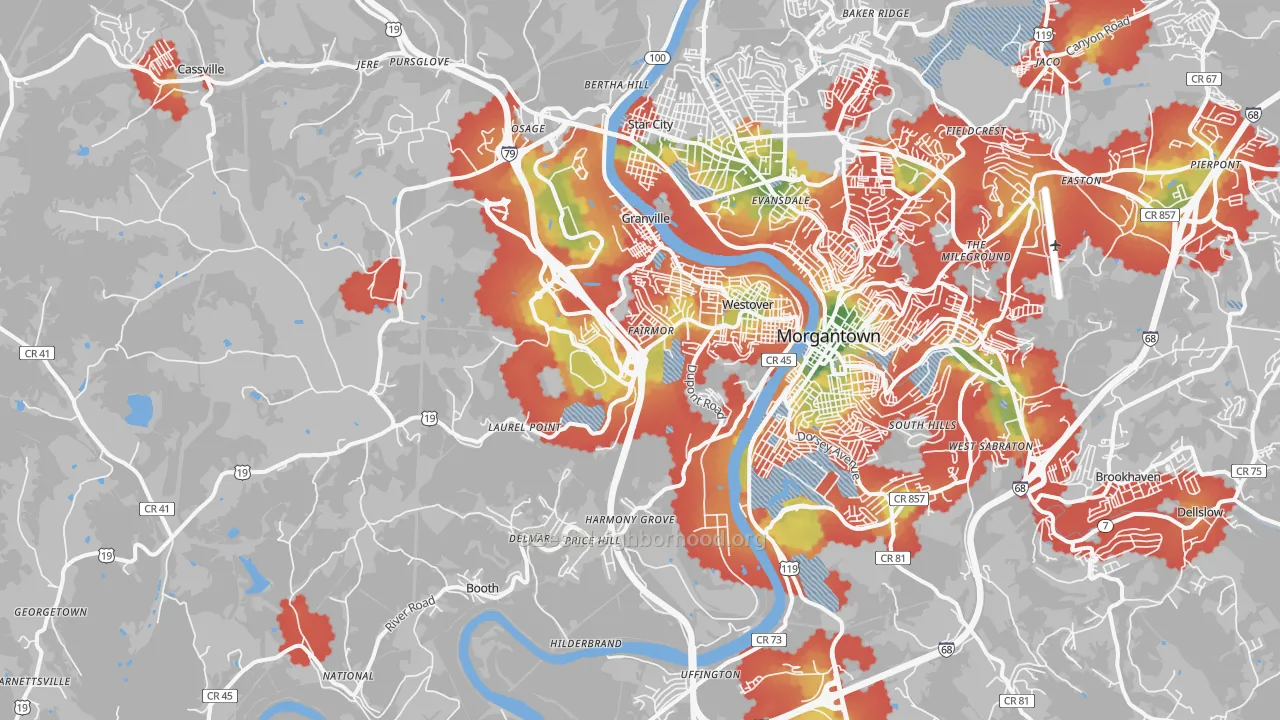 Walk Grade map of 26501, WV, walkable areas in green and car-dependent areas in red