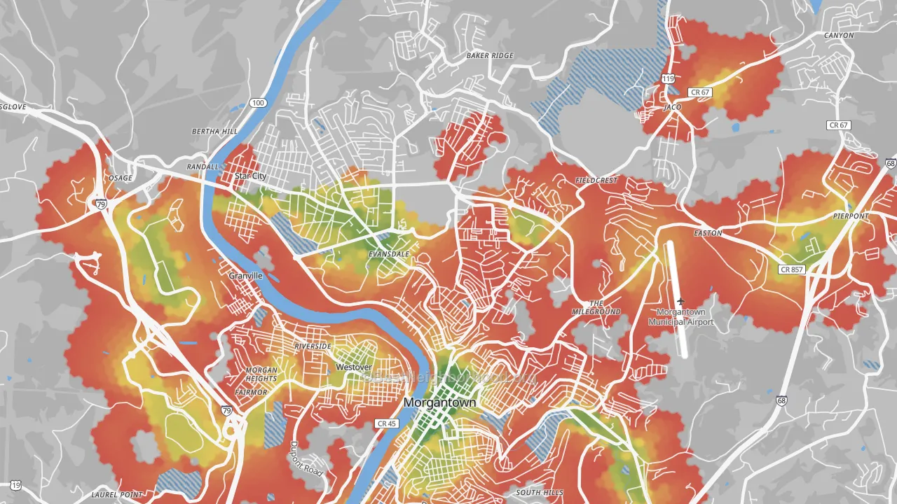 Walk Grade map of 26505, WV, walkable areas in green and car-dependent areas in red