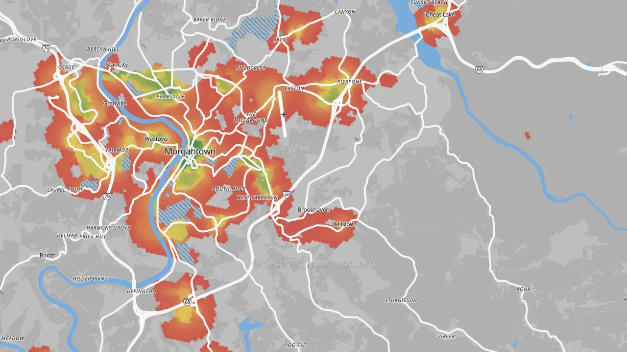 Walk Grade map of 26508, WV, walkable areas in green and car-dependent areas in red