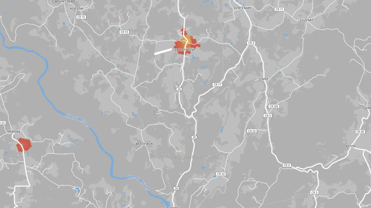 Walk Grade map of 26519, WV, walkable areas in green and car-dependent areas in red