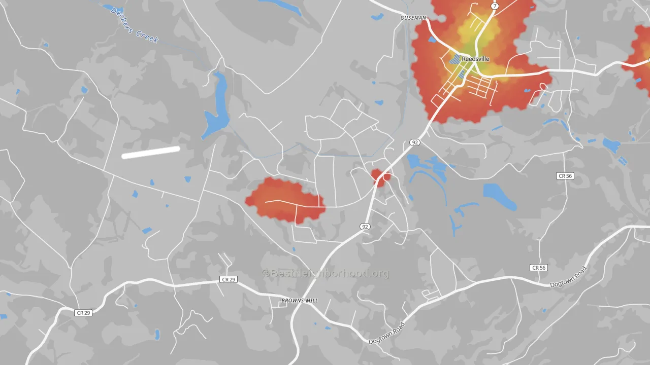Walk Grade map of 26520, WV, walkable areas in green and car-dependent areas in red