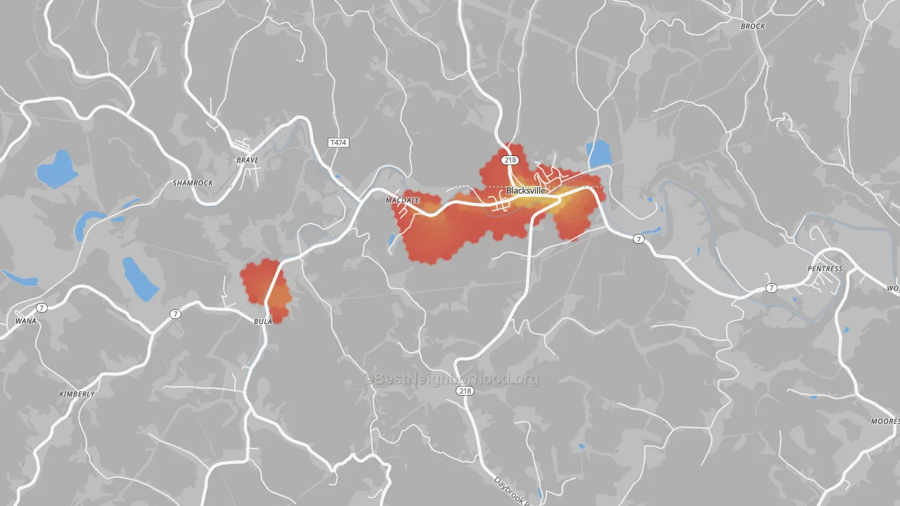 Walk Grade map of 26521, WV, walkable areas in green and car-dependent areas in red
